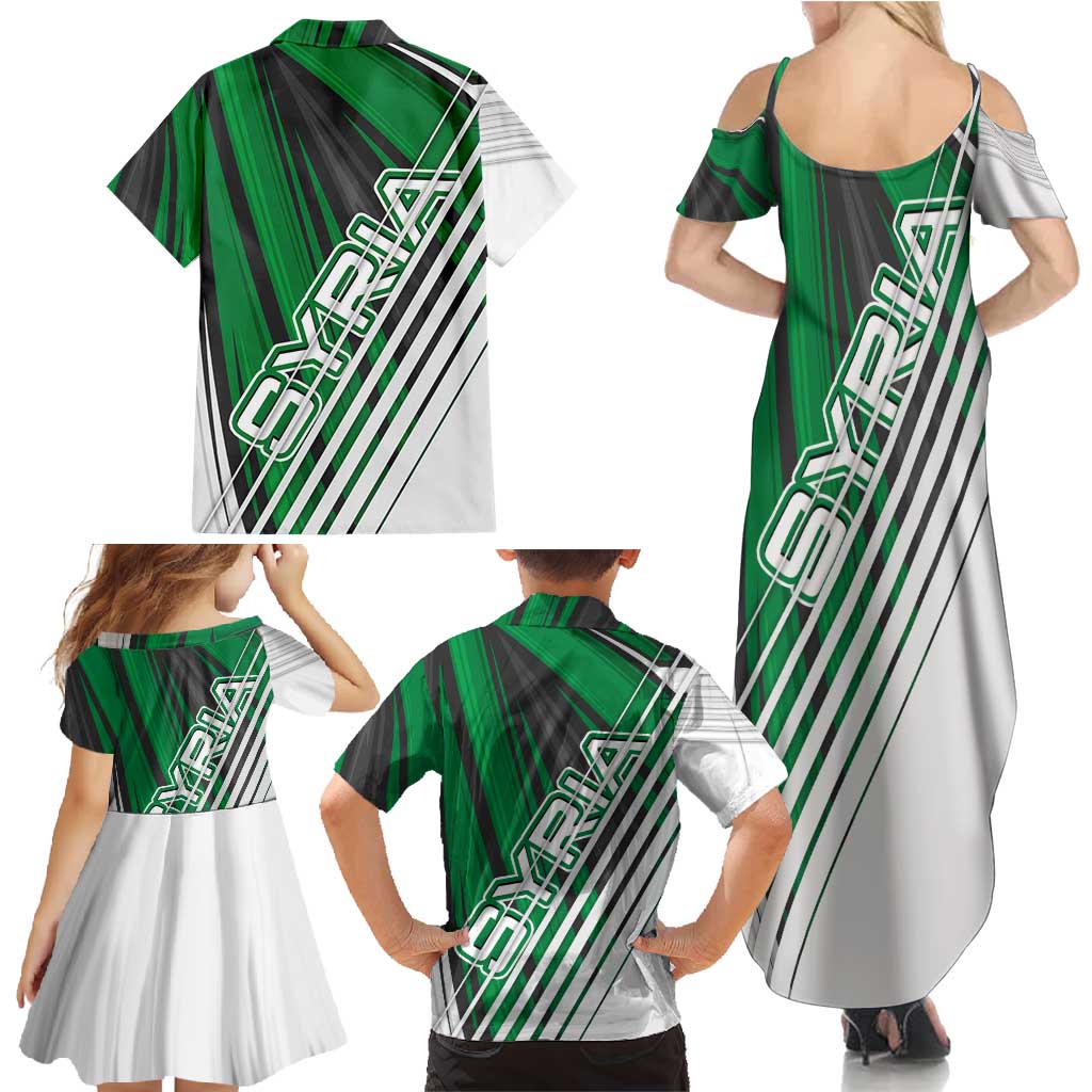 Modern Syria Flag Family Matching Summer Maxi Dress and Hawaiian Shirt with Green and Black Diagonal Stripe Design