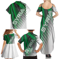 Modern Syria Flag Family Matching Summer Maxi Dress and Hawaiian Shirt with Green and Black Diagonal Stripe Design