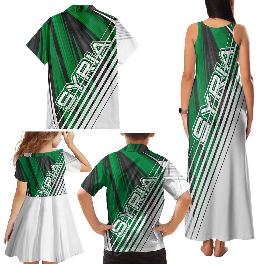 Modern Syria Flag Family Matching Tank Maxi Dress and Hawaiian Shirt with Green and Black Diagonal Stripe Design