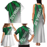 Modern Syria Flag Family Matching Tank Maxi Dress and Hawaiian Shirt with Green and Black Diagonal Stripe Design