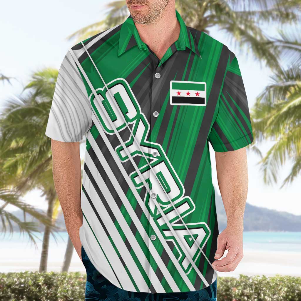 Modern Syria Flag Hawaiian Shirt with Green and Black Diagonal Stripe Design
