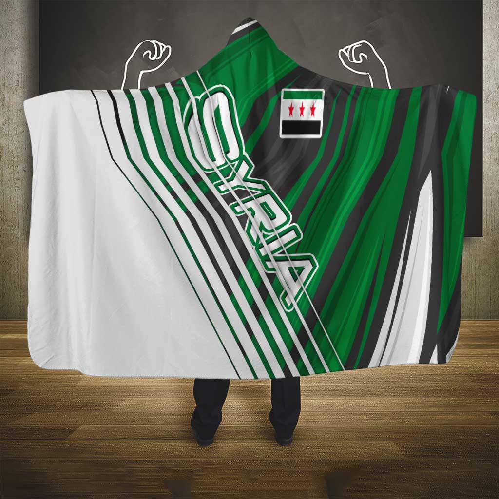 Modern Syria Flag Hooded Blanket with Green and Black Diagonal Stripe Design