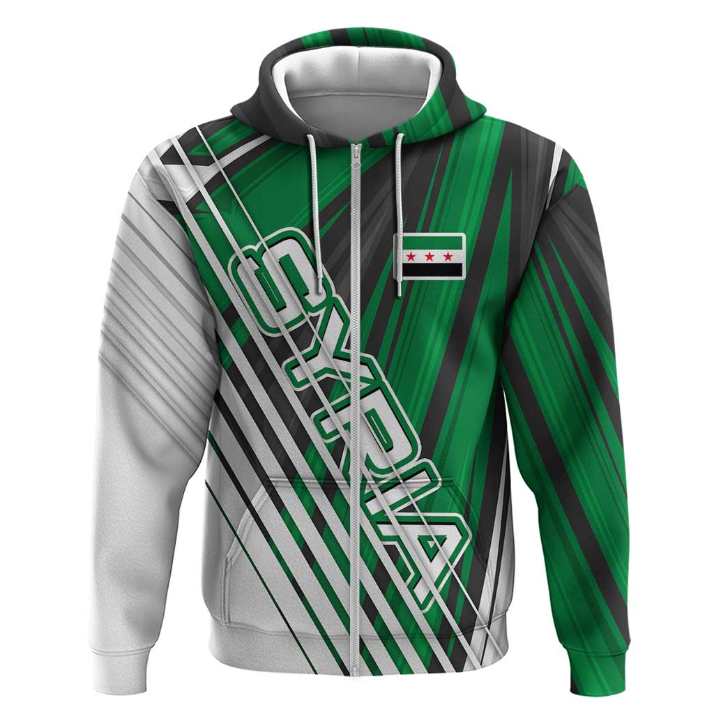 Modern Syria Flag Hoodie with Green and Black Diagonal Stripe Design