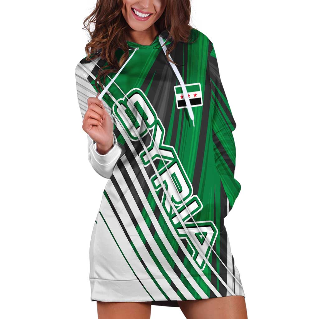 Modern Syria Flag Hoodie Dress with Green and Black Diagonal Stripe Design