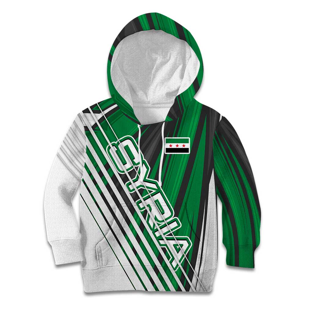 Modern Syria Flag Kid Hoodie with Green and Black Diagonal Stripe Design