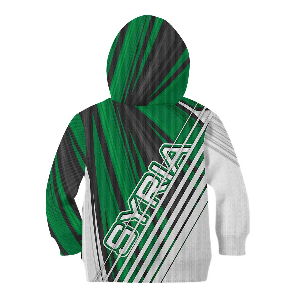 Modern Syria Flag Kid Hoodie with Green and Black Diagonal Stripe Design