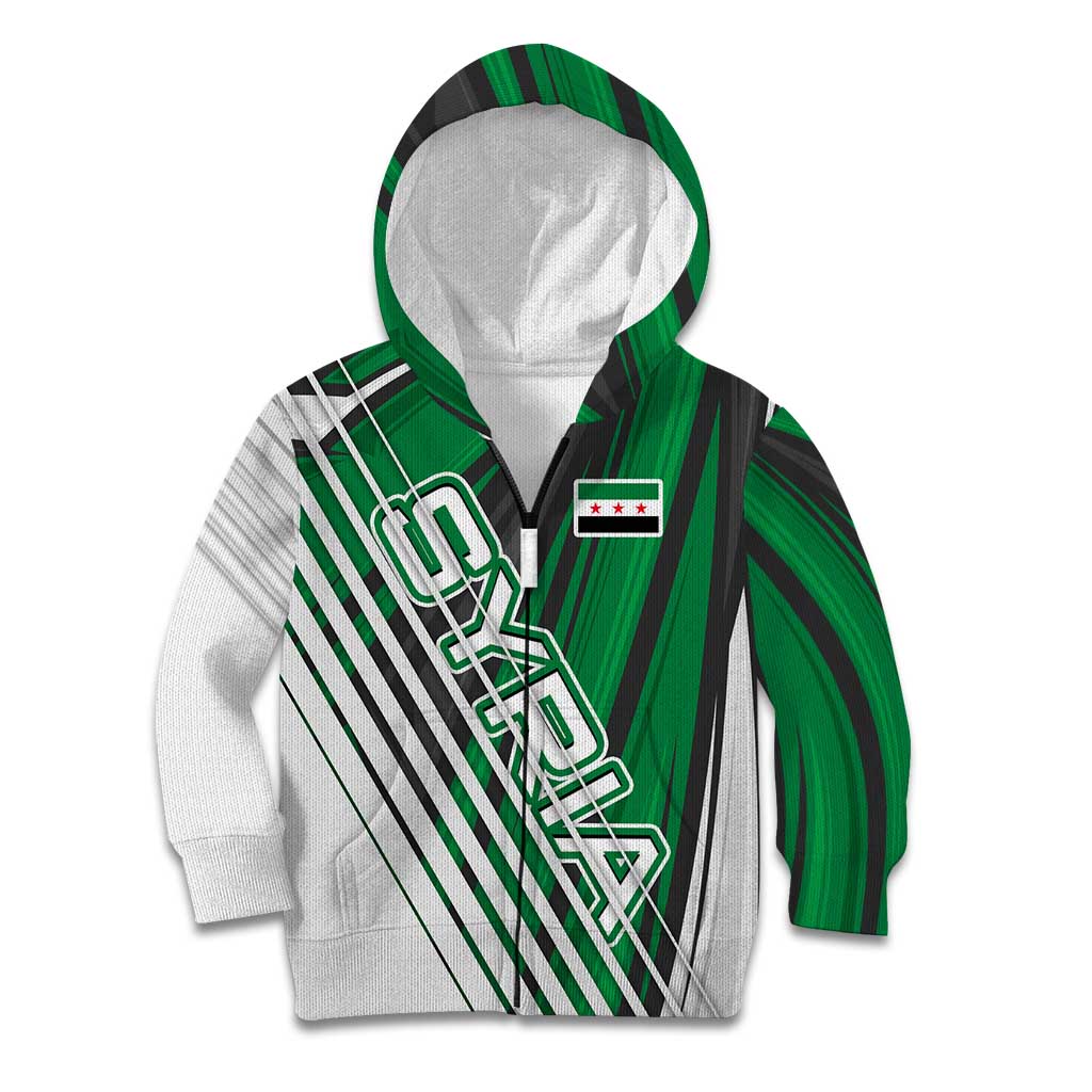 Modern Syria Flag Kid Hoodie with Green and Black Diagonal Stripe Design