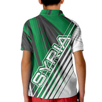 Modern Syria Flag Kid Polo Shirt with Green and Black Diagonal Stripe Design