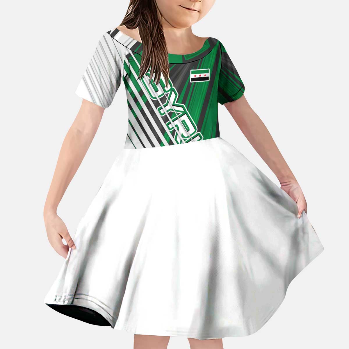 Modern Syria Flag Kid Short Sleeve Dress with Green and Black Diagonal Stripe Design