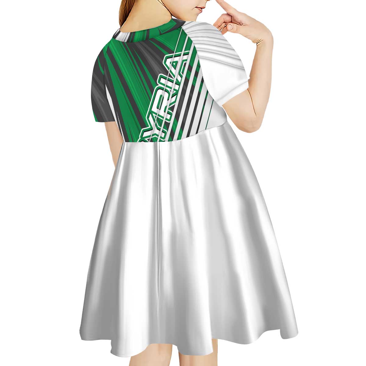 Modern Syria Flag Kid Short Sleeve Dress with Green and Black Diagonal Stripe Design