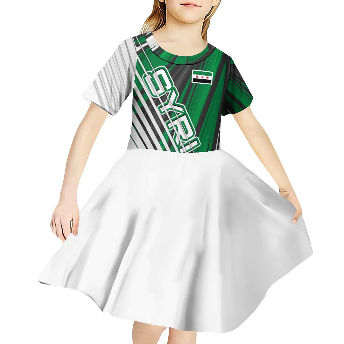 Modern Syria Flag Kid Short Sleeve Dress with Green and Black Diagonal Stripe Design