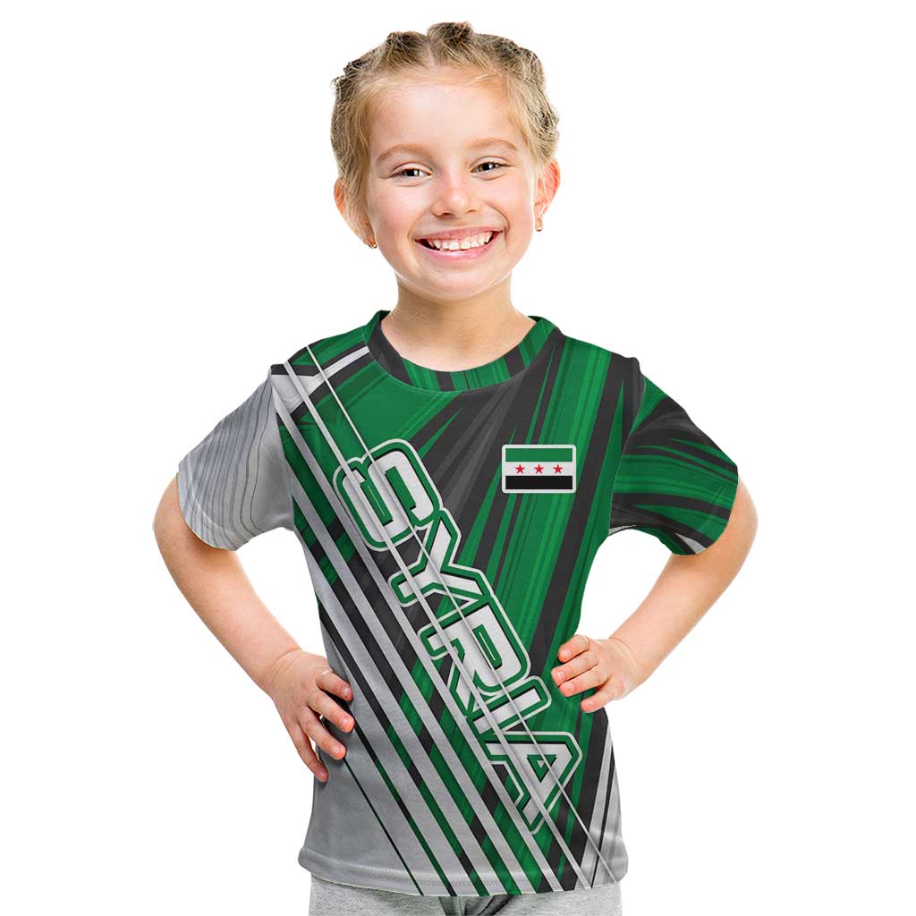 Modern Syria Flag Kid T Shirt with Green and Black Diagonal Stripe Design