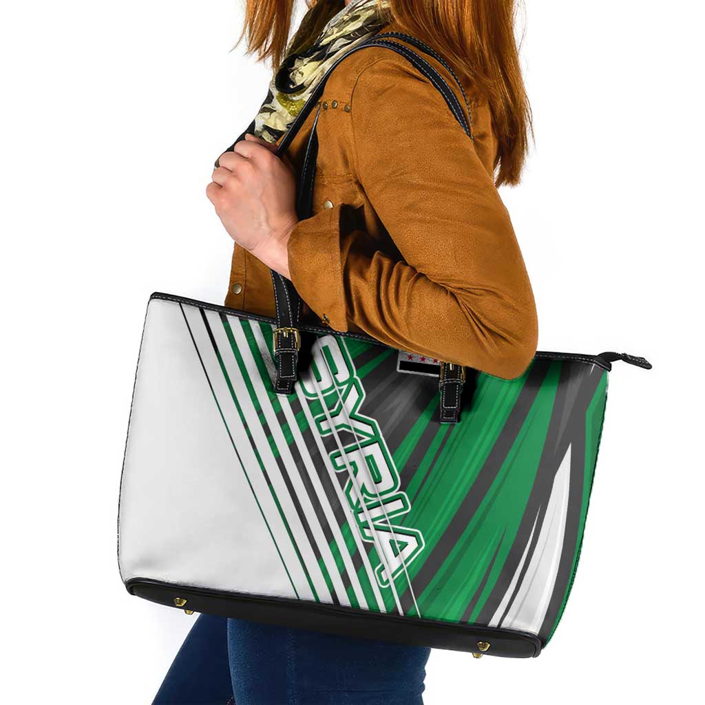 Modern Syria Flag Leather Tote Bag with Green and Black Diagonal Stripe Design