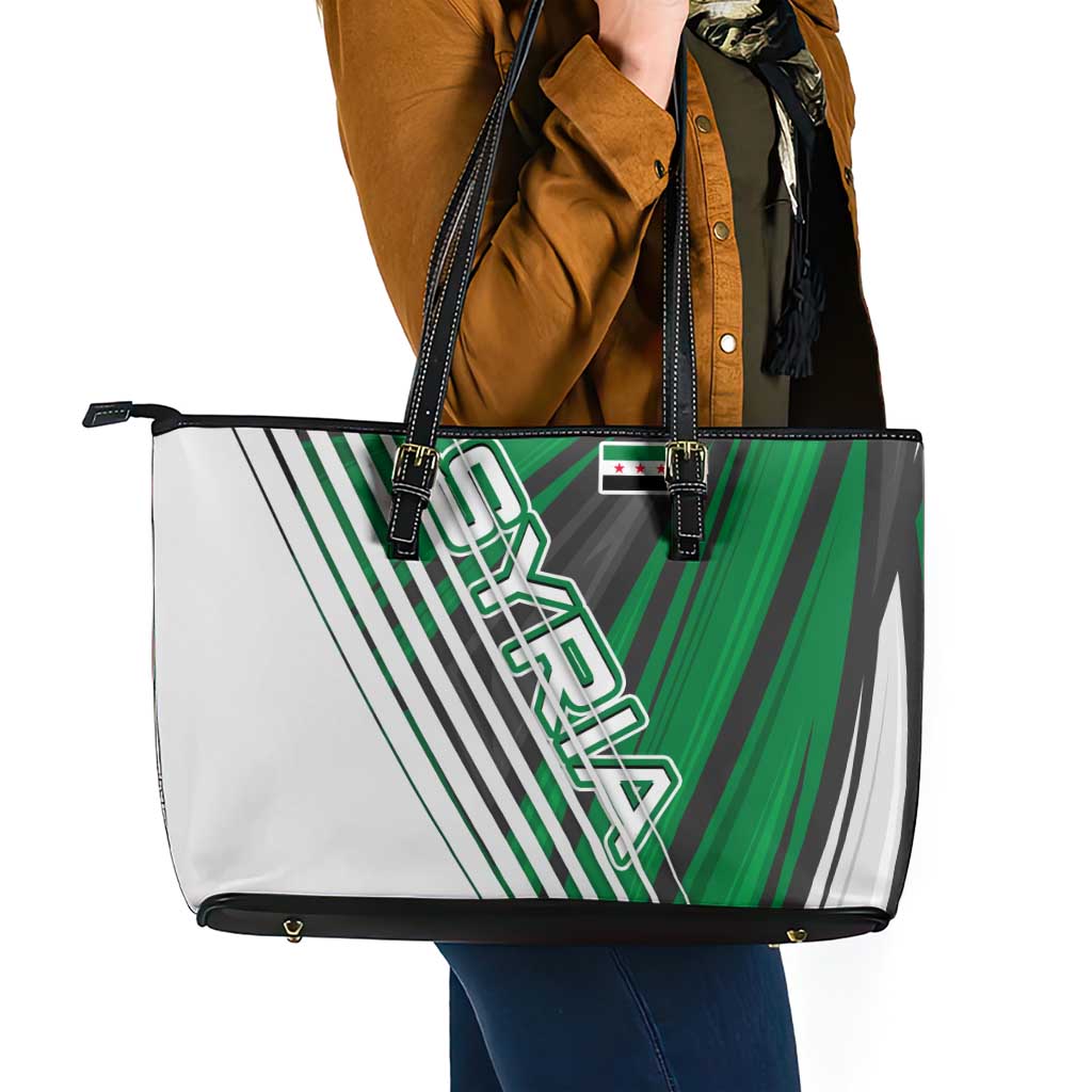 Modern Syria Flag Leather Tote Bag with Green and Black Diagonal Stripe Design