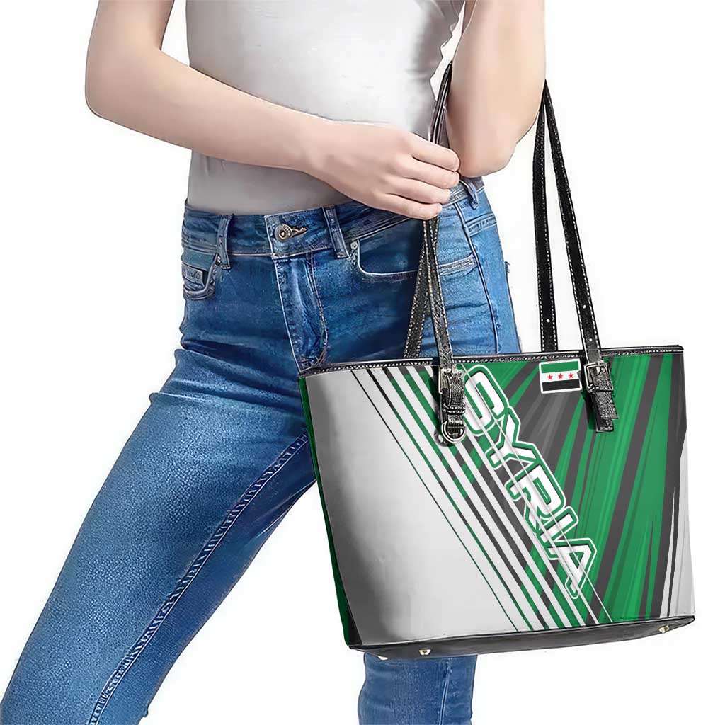 Modern Syria Flag Leather Tote Bag with Green and Black Diagonal Stripe Design