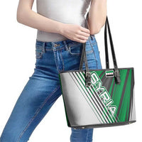 Modern Syria Flag Leather Tote Bag with Green and Black Diagonal Stripe Design