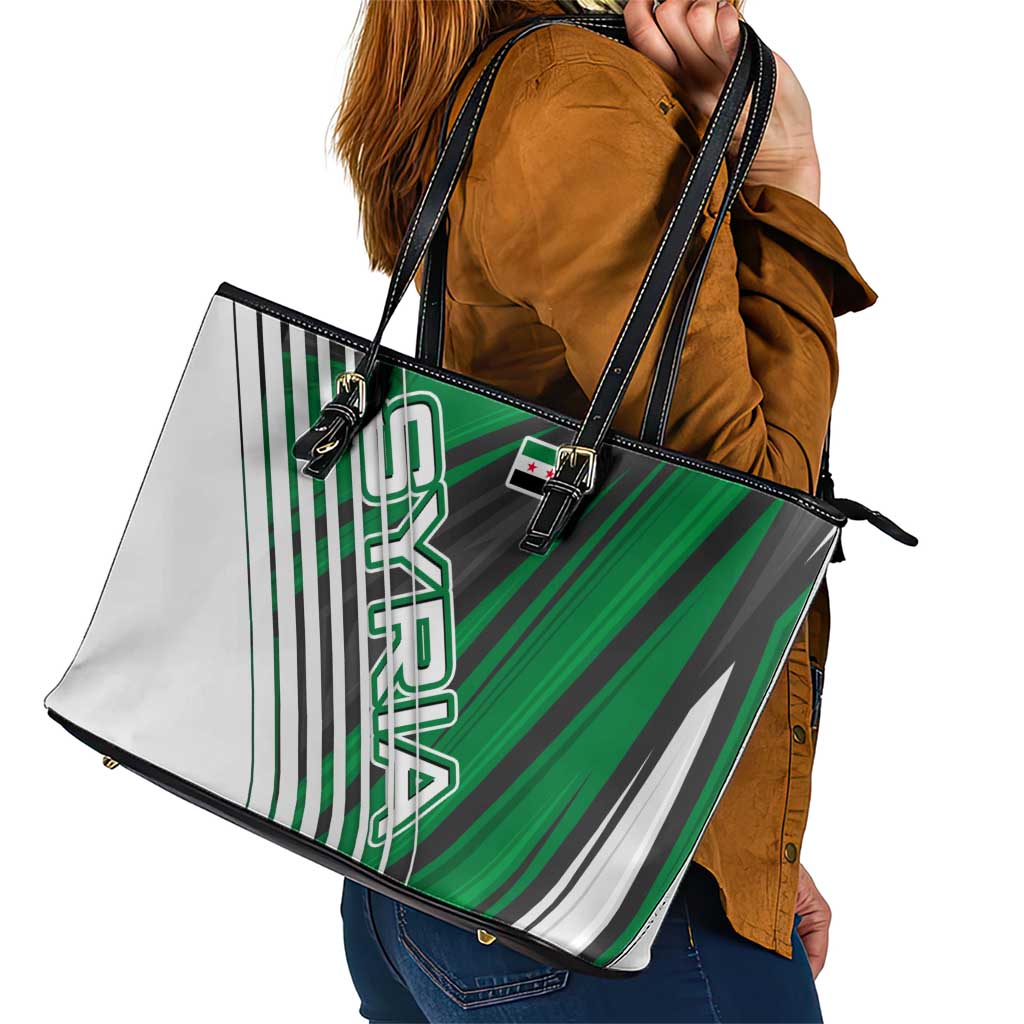 Modern Syria Flag Leather Tote Bag with Green and Black Diagonal Stripe Design