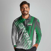 Modern Syria Flag Long Sleeve Polo Shirt with Green and Black Diagonal Stripe Design