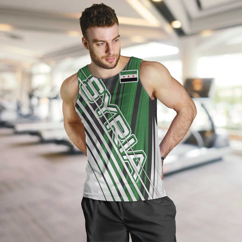 Modern Syria Flag Men Tank Top with Green and Black Diagonal Stripe Design