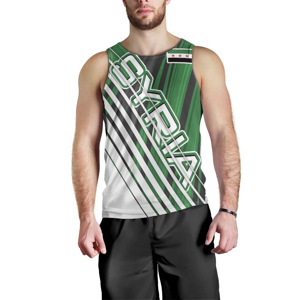 Modern Syria Flag Men Tank Top with Green and Black Diagonal Stripe Design