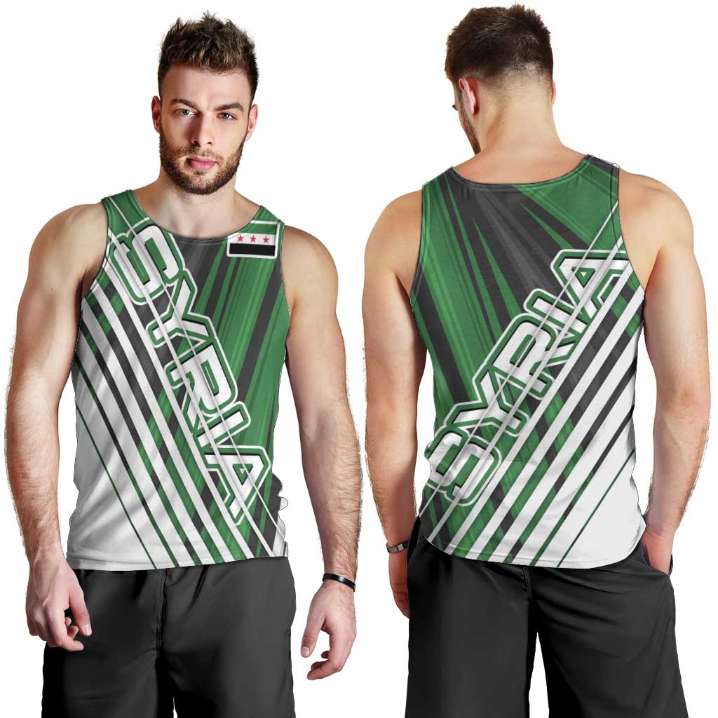 Modern Syria Flag Men Tank Top with Green and Black Diagonal Stripe Design