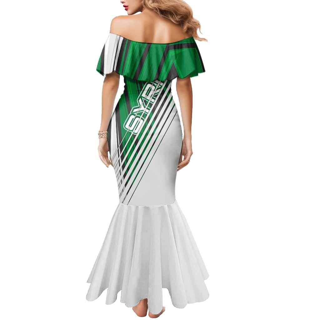 Modern Syria Flag Mermaid Dress with Green and Black Diagonal Stripe Design