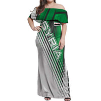 Modern Syria Flag Off Shoulder Maxi Dress with Green and Black Diagonal Stripe Design