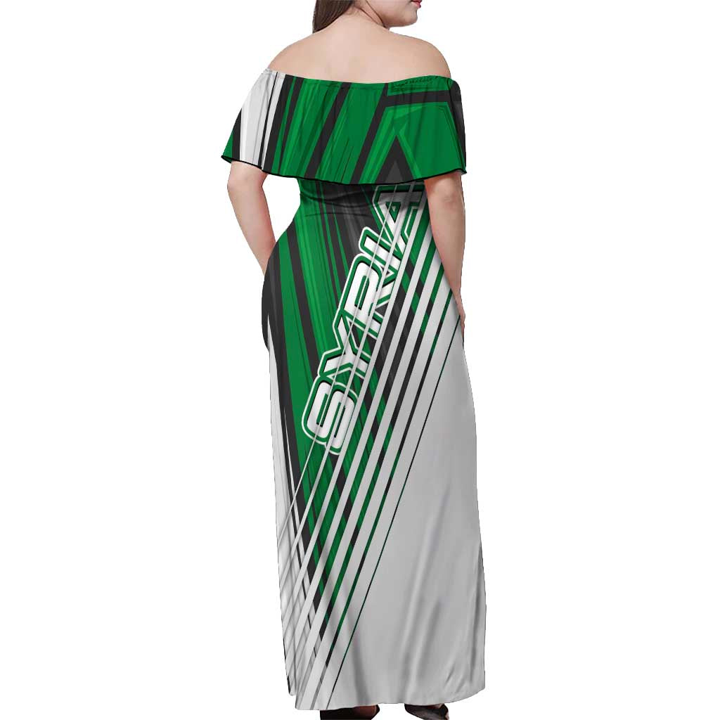 Modern Syria Flag Off Shoulder Maxi Dress with Green and Black Diagonal Stripe Design