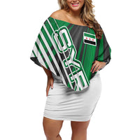 Modern Syria Flag Off Shoulder Short Dress with Green and Black Diagonal Stripe Design