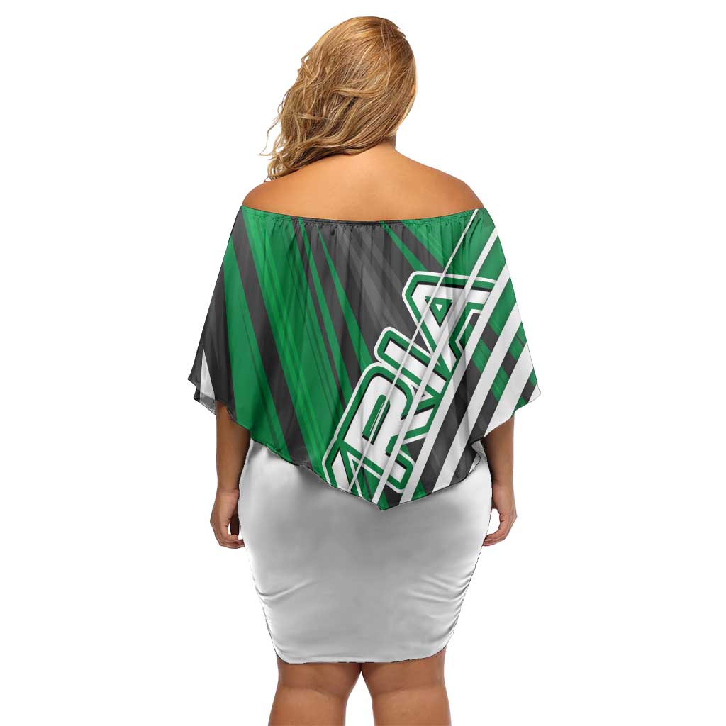 Modern Syria Flag Off Shoulder Short Dress with Green and Black Diagonal Stripe Design