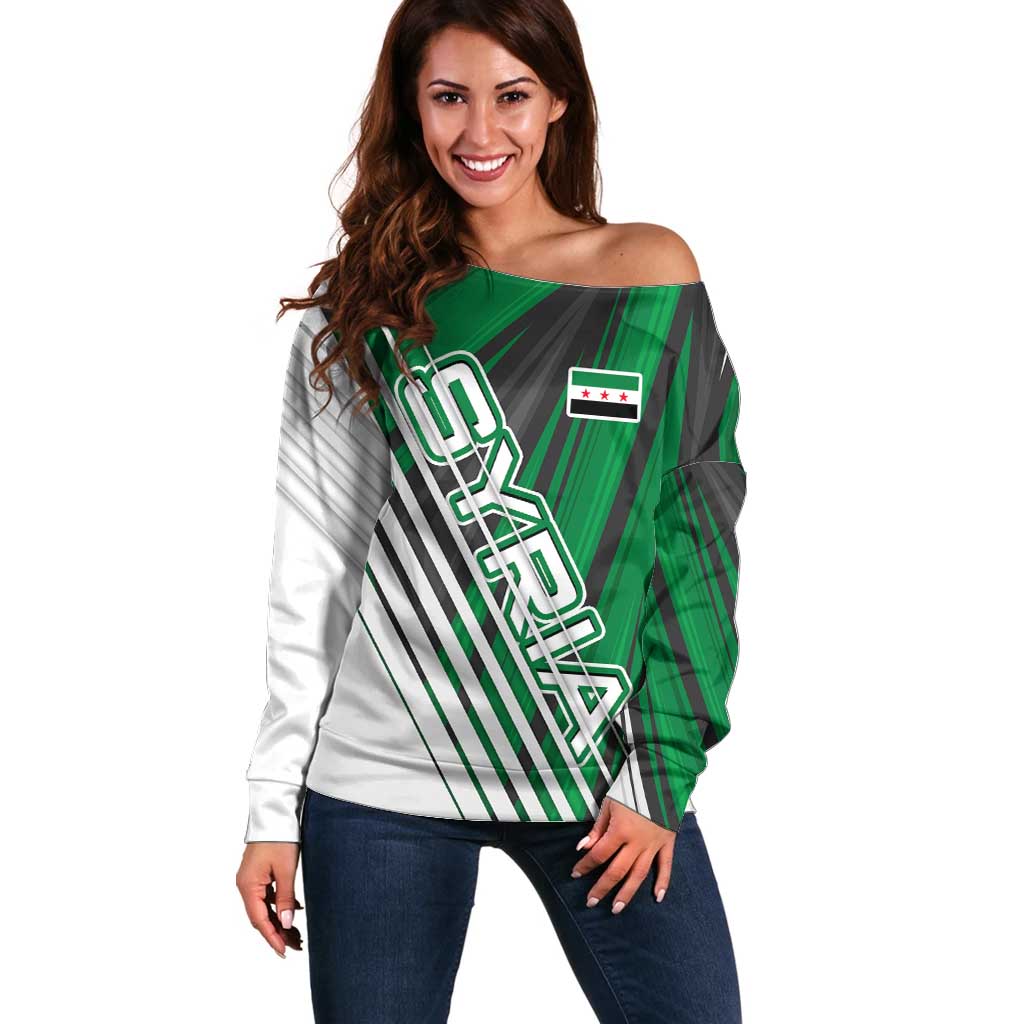 Modern Syria Flag Off Shoulder Sweater with Green and Black Diagonal Stripe Design