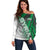 Modern Syria Flag Off Shoulder Sweater with Green and Black Diagonal Stripe Design