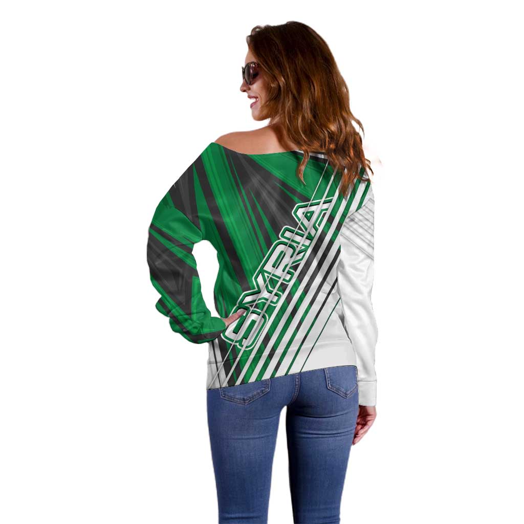 Modern Syria Flag Off Shoulder Sweater with Green and Black Diagonal Stripe Design