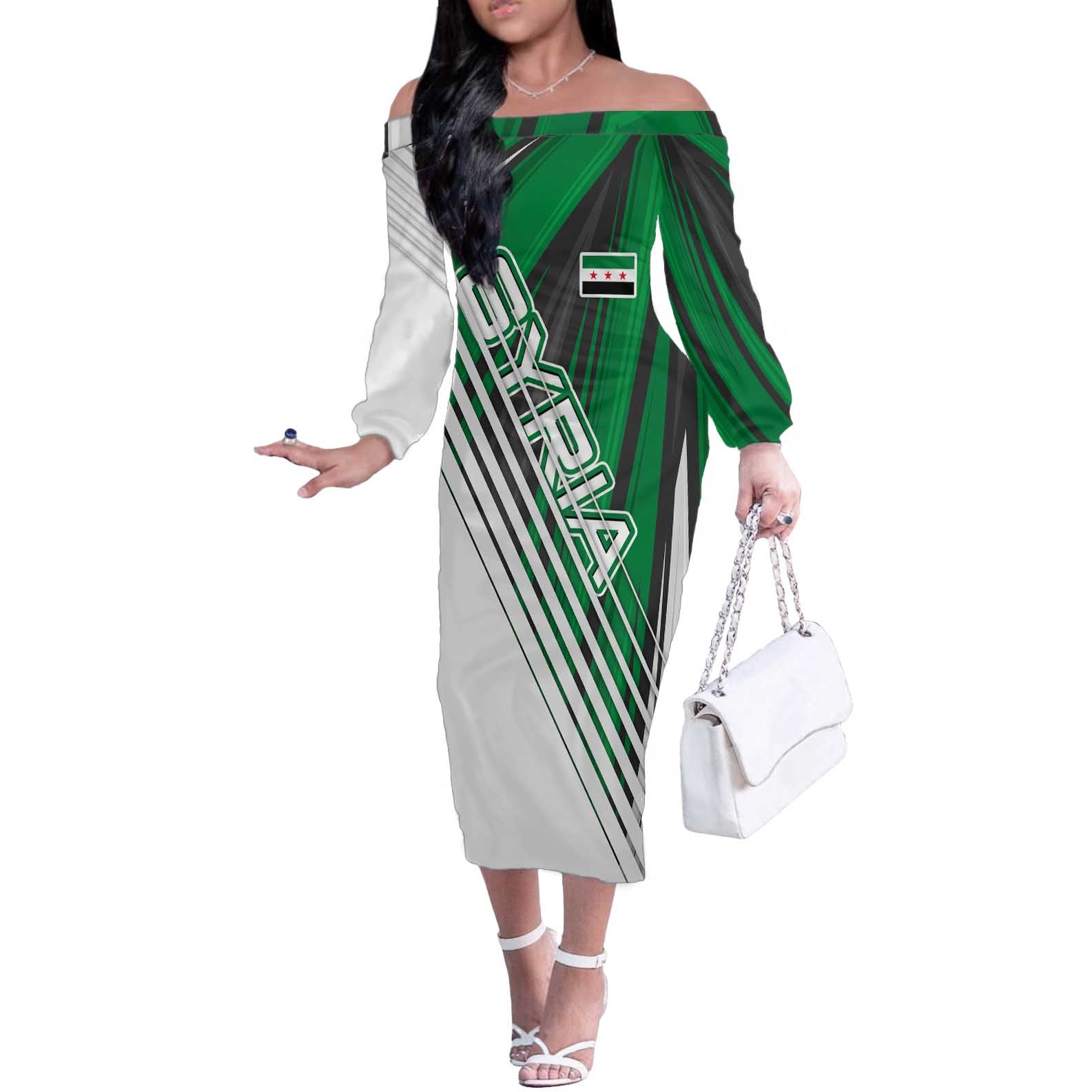 Modern Syria Flag Off The Shoulder Long Sleeve Dress with Green and Black Diagonal Stripe Design