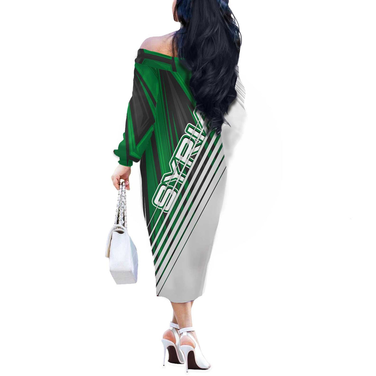 Modern Syria Flag Off The Shoulder Long Sleeve Dress with Green and Black Diagonal Stripe Design