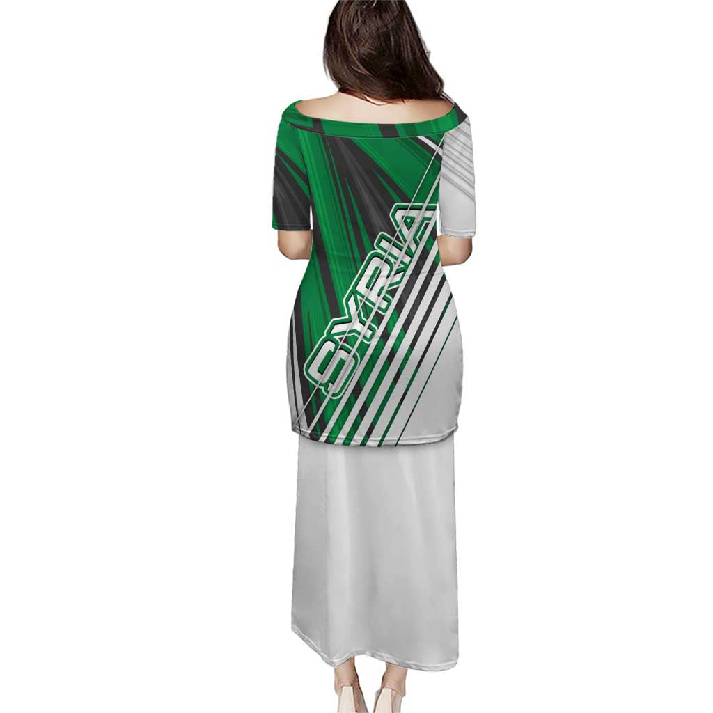 Modern Syria Flag Puletasi with Green and Black Diagonal Stripe Design
