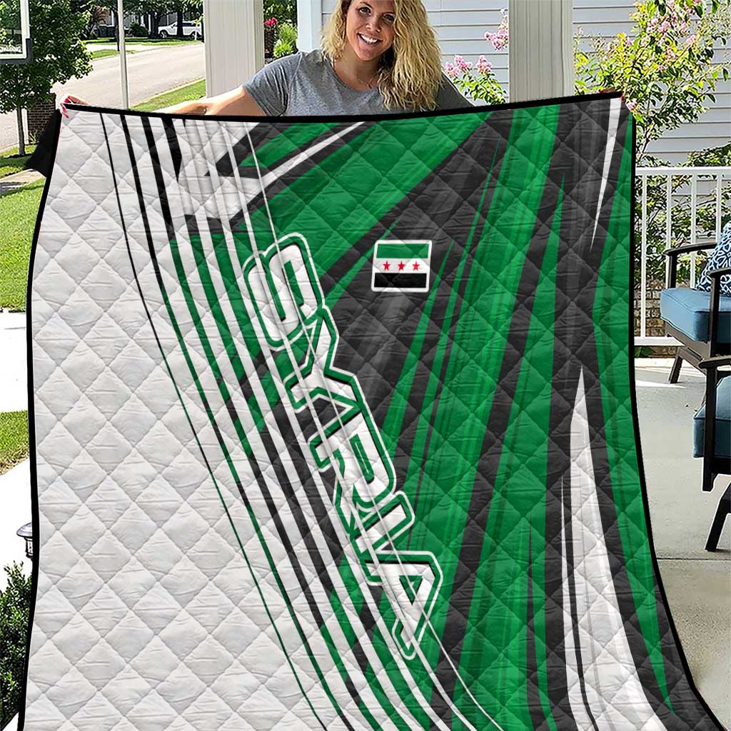 Modern Syria Flag Quilt with Green and Black Diagonal Stripe Design