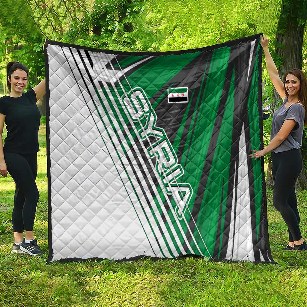 Modern Syria Flag Quilt with Green and Black Diagonal Stripe Design