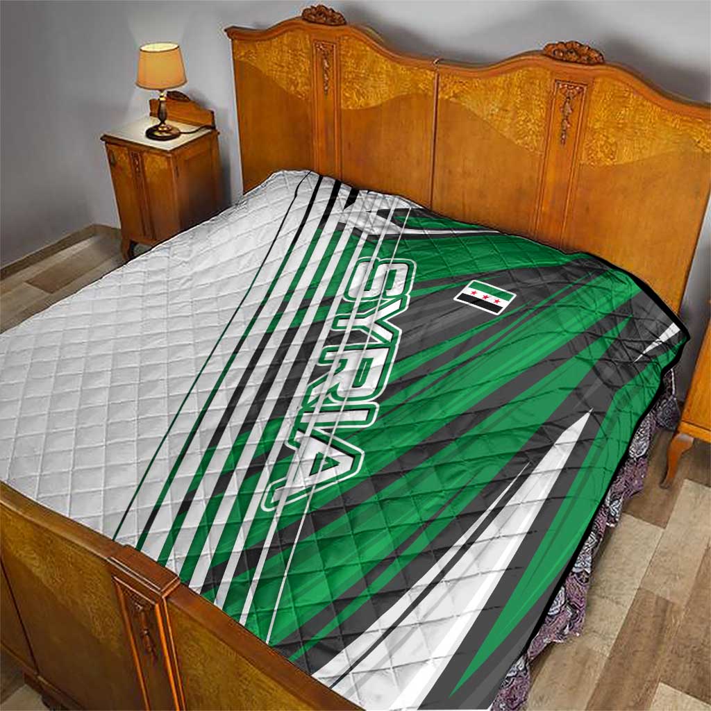 Modern Syria Flag Quilt with Green and Black Diagonal Stripe Design