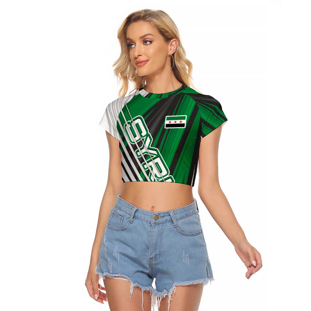 Modern Syria Flag Raglan Cropped T Shirt with Green and Black Diagonal Stripe Design