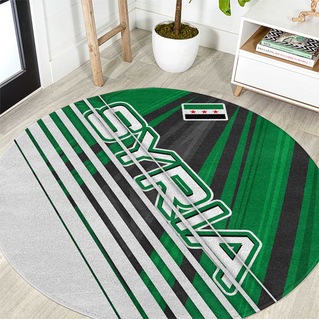 Modern Syria Flag Round Carpet with Green and Black Diagonal Stripe Design