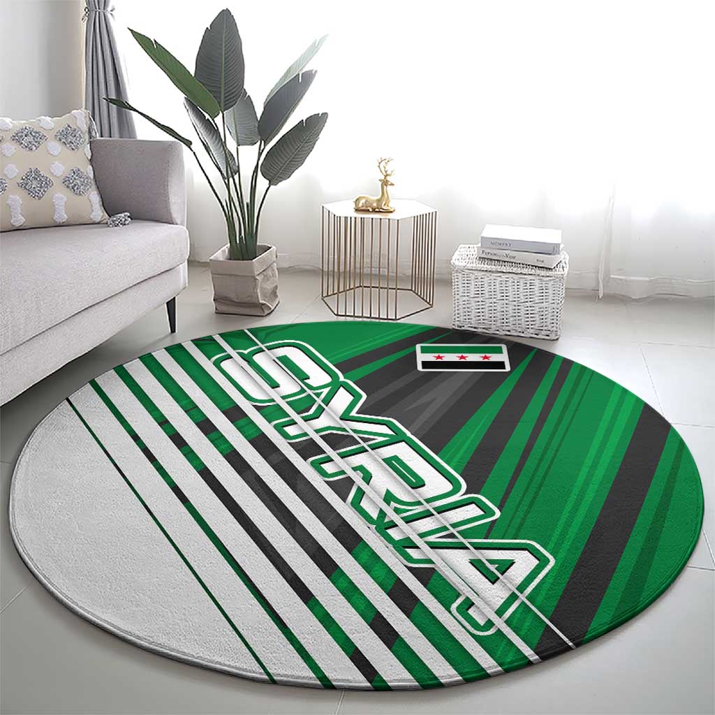 Modern Syria Flag Round Carpet with Green and Black Diagonal Stripe Design