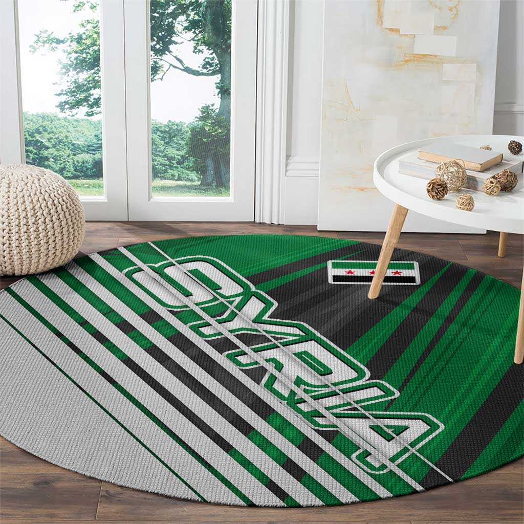 Modern Syria Flag Round Carpet with Green and Black Diagonal Stripe Design