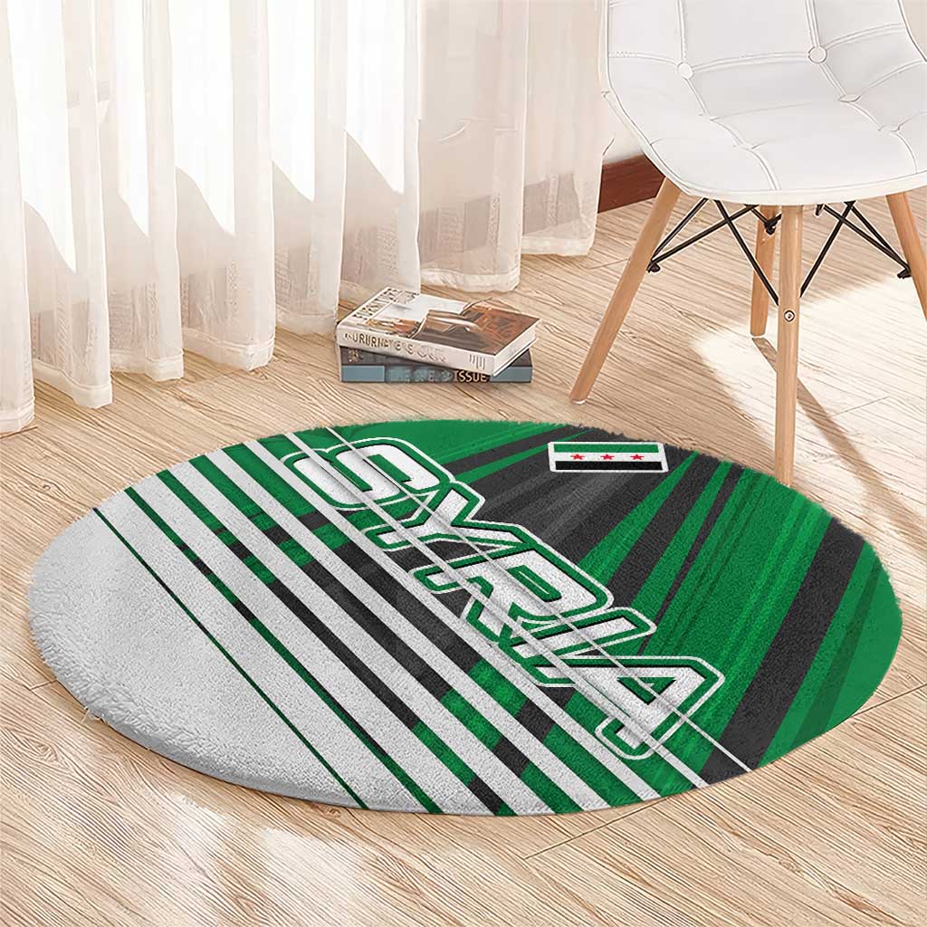 Modern Syria Flag Round Carpet with Green and Black Diagonal Stripe Design