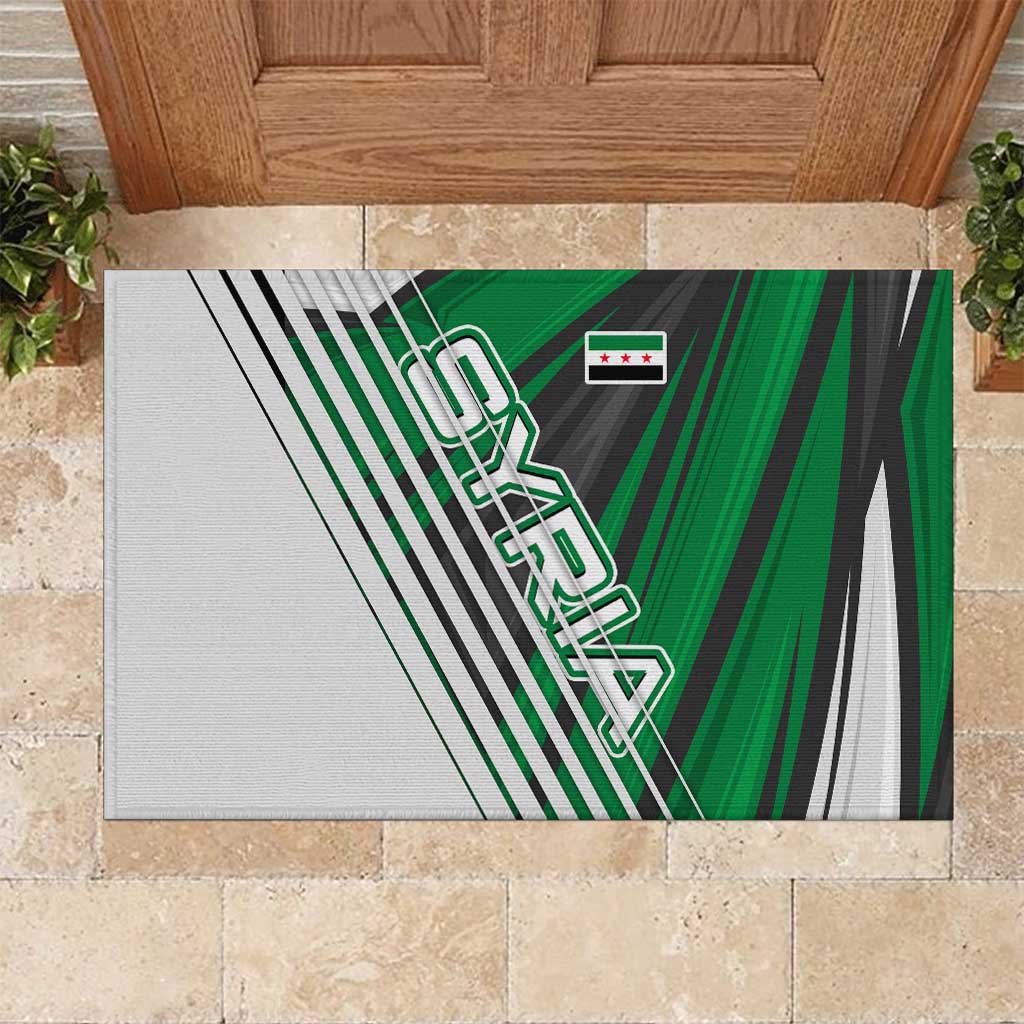 Modern Syria Flag Rubber Doormat with Green and Black Diagonal Stripe Design