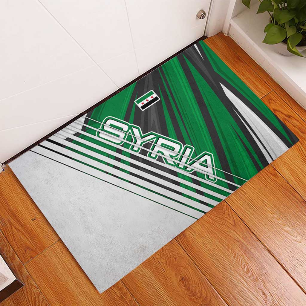 Modern Syria Flag Rubber Doormat with Green and Black Diagonal Stripe Design