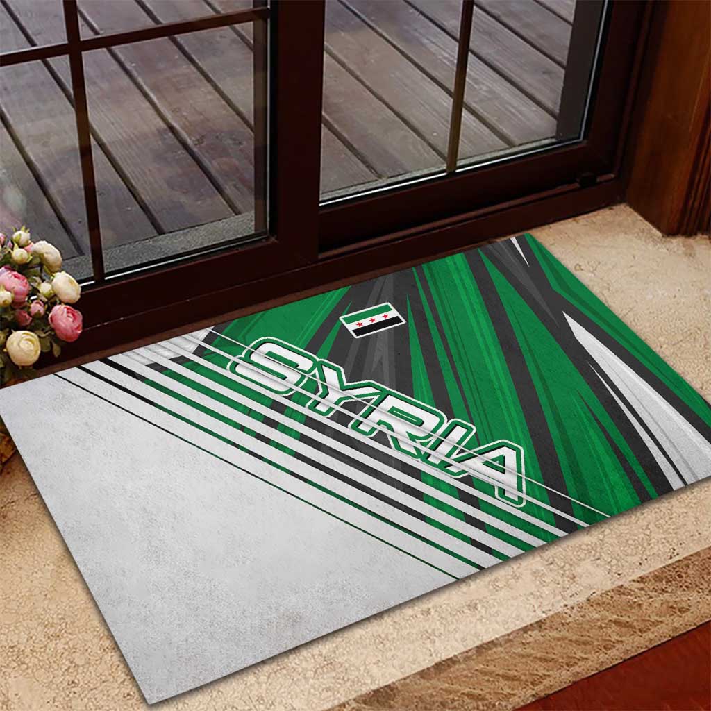 Modern Syria Flag Rubber Doormat with Green and Black Diagonal Stripe Design