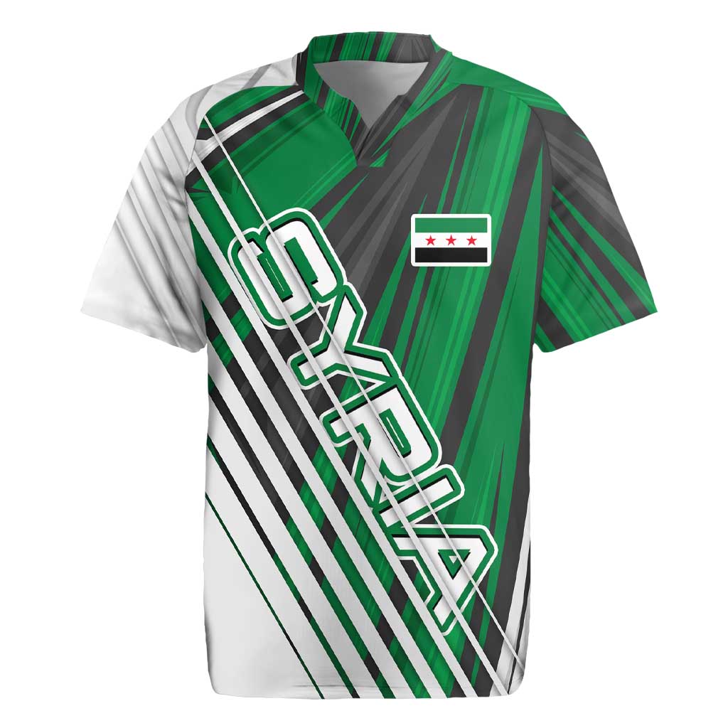 Modern Syria Flag Rugby Jersey with Green and Black Diagonal Stripe Design