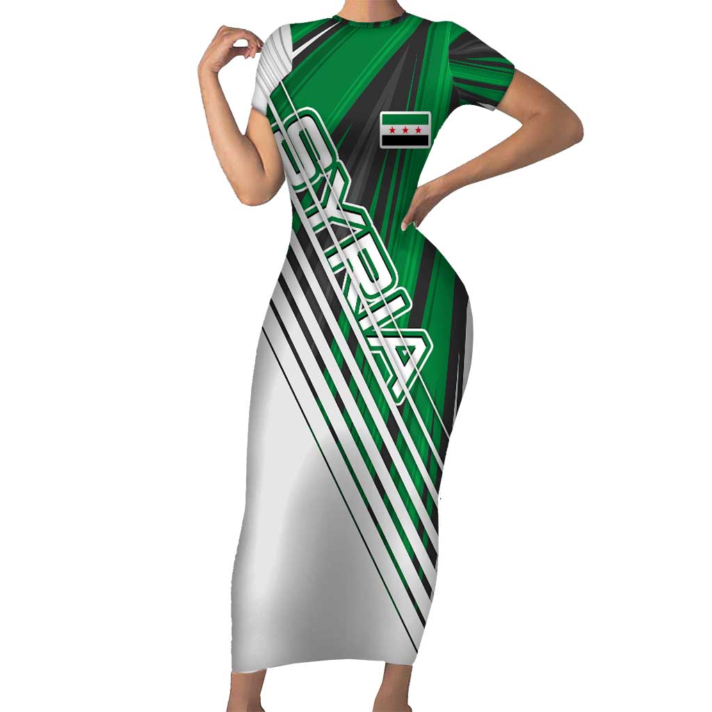 Modern Syria Flag Short Sleeve Bodycon Dress with Green and Black Diagonal Stripe Design