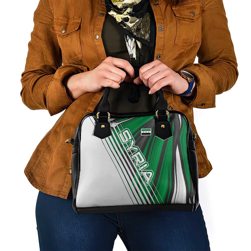 Modern Syria Flag Shoulder Handbag with Green and Black Diagonal Stripe Design